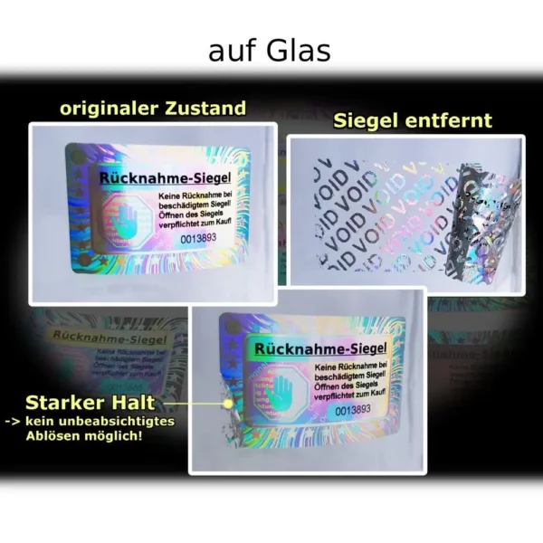 Rücknahme-Siegel hohe Klebekraft Glas