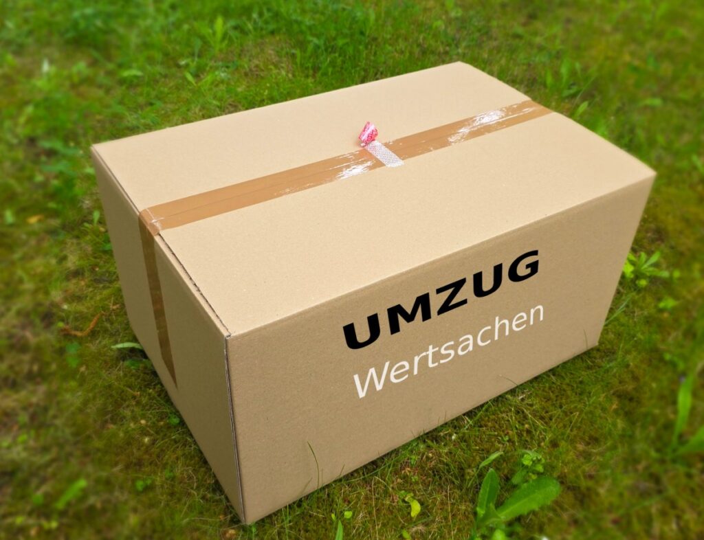 Umzugskarton offen mit zerstörtem Siegelaufkleber