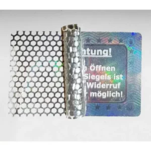 <b>Hygienesiegel <br>3D-Hologramm</b> <br>Seriennummer: <b>nein</b> <br>Rückstände: <b>ja</b> <br>40x25mm – silber <br><b>ab 105 Stück</b> - Zweites Bild